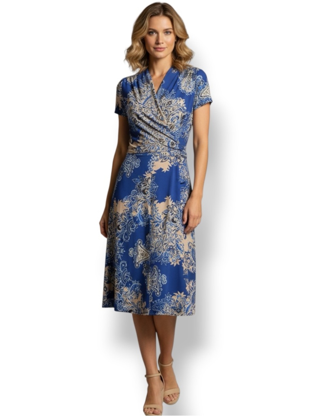 BCBG MaxAzria Blue Floral Paisley Wrap Midi Dress. Women’s Size M